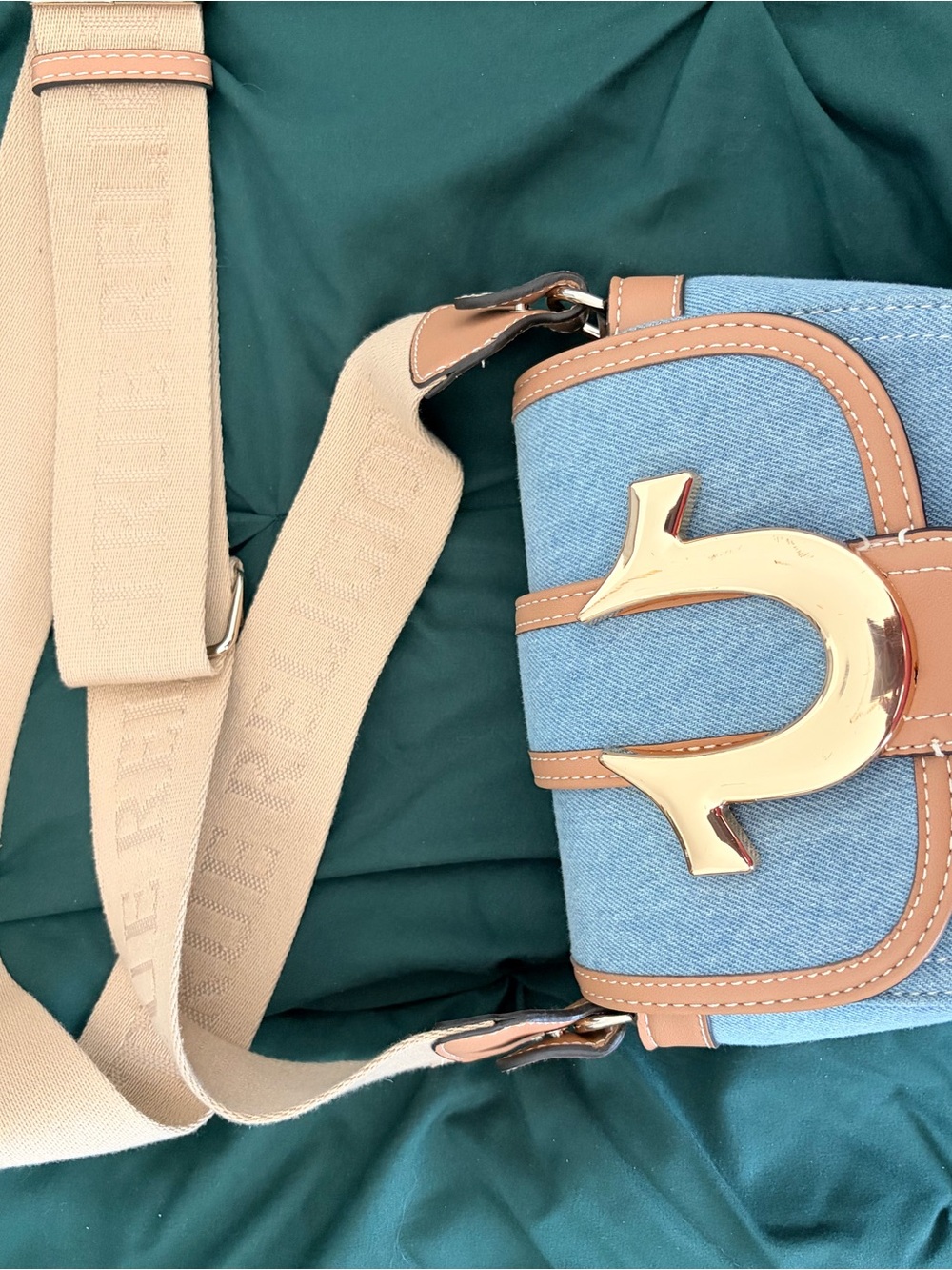 Denim Crossbody Bag with Tan Trim and Gold Accent
